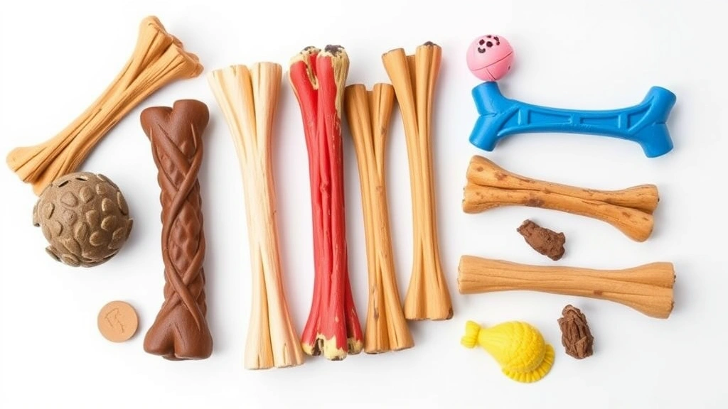 Various safe dog chew toys and alternatives arranged on white background including rubber toys and bully sticks