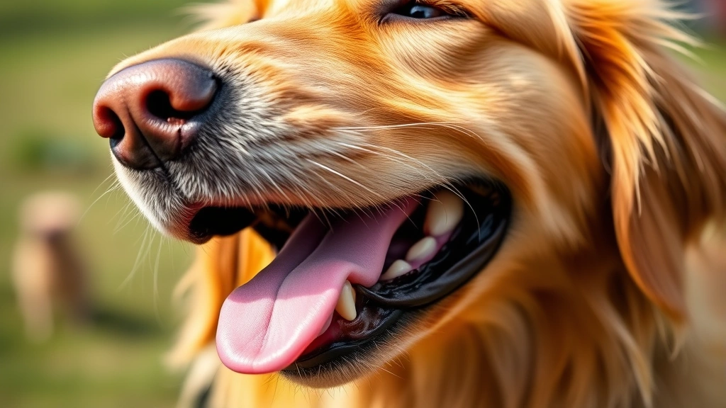 Close-up of a golden retriever's open mouth showing teeth and tongue, natural lighting, professional pet photography style