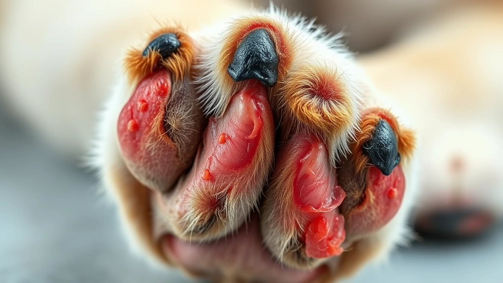 Close-up of dog's paw with red inflamed skin and hair loss, professional veterinary photography style, showing allergy symptoms clearly