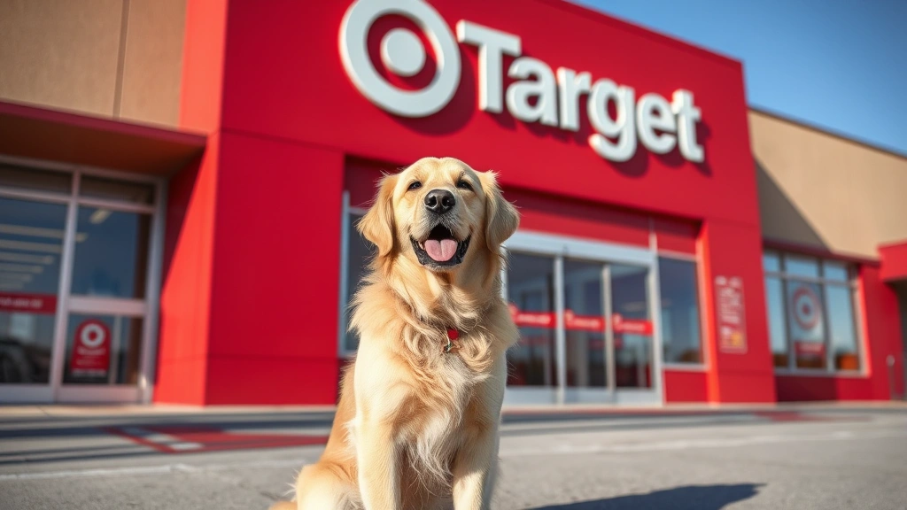 Golden retriever sitting outside a red Target store building with glass doors and entrance visible, sunny day with clear shadows