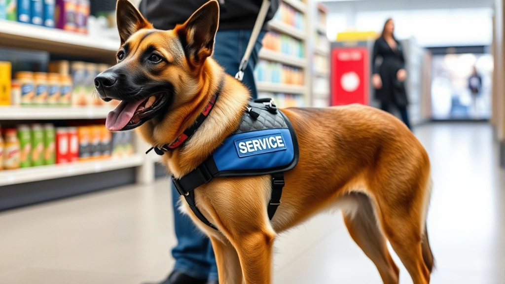 Service dog wearing official vest and harness standing calmly next to handler inside a retail store environment with products on shelves