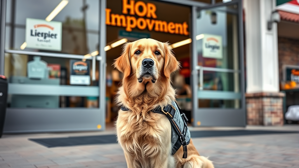 Golden retriever wearing service dog vest sitting outside home improvement store entrance, no text no words no letters
