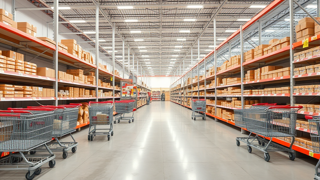 Empty wide aisles of home improvement store with shopping carts and tall shelving units, no text no words no letters