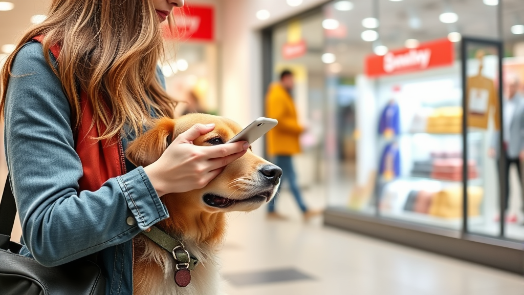 Person with leashed dog looking at smartphone for online shopping outside retail store, no text no words no letters