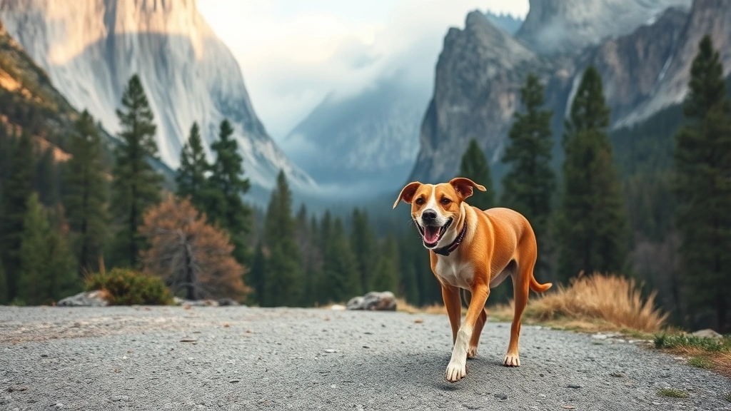 Happy brown and white dog walking on paved trail through Yosemite valley with waterfalls visible in misty distance