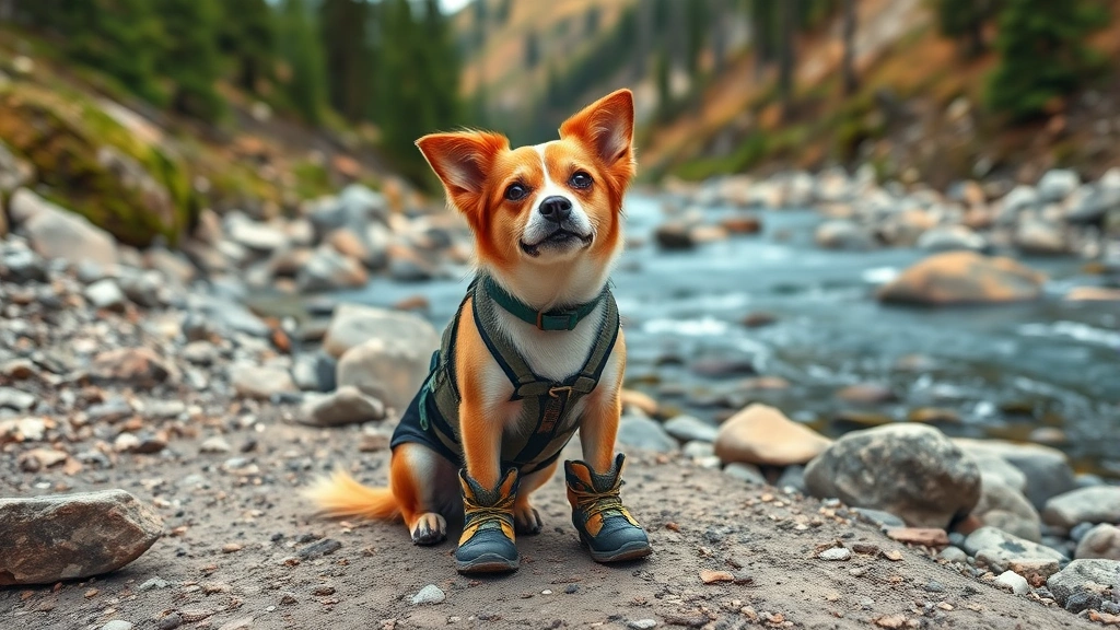 Small dog wearing hiking booties sitting near mountain stream with pine forest and rocky terrain surrounding area