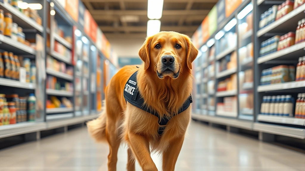 Golden retriever service dog in vest walking through bright retail store aisle with merchandise shelves, calm professional appearance, photorealistic