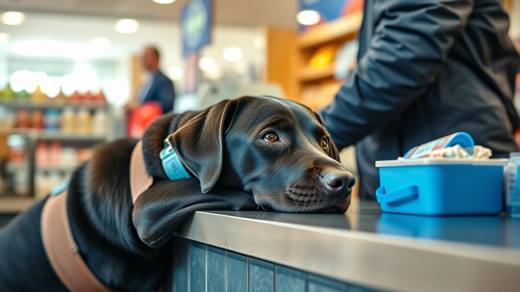 Black Labrador service dog resting beside owner at checkout counter in retail environment, focused and well-trained demeanor, photorealistic