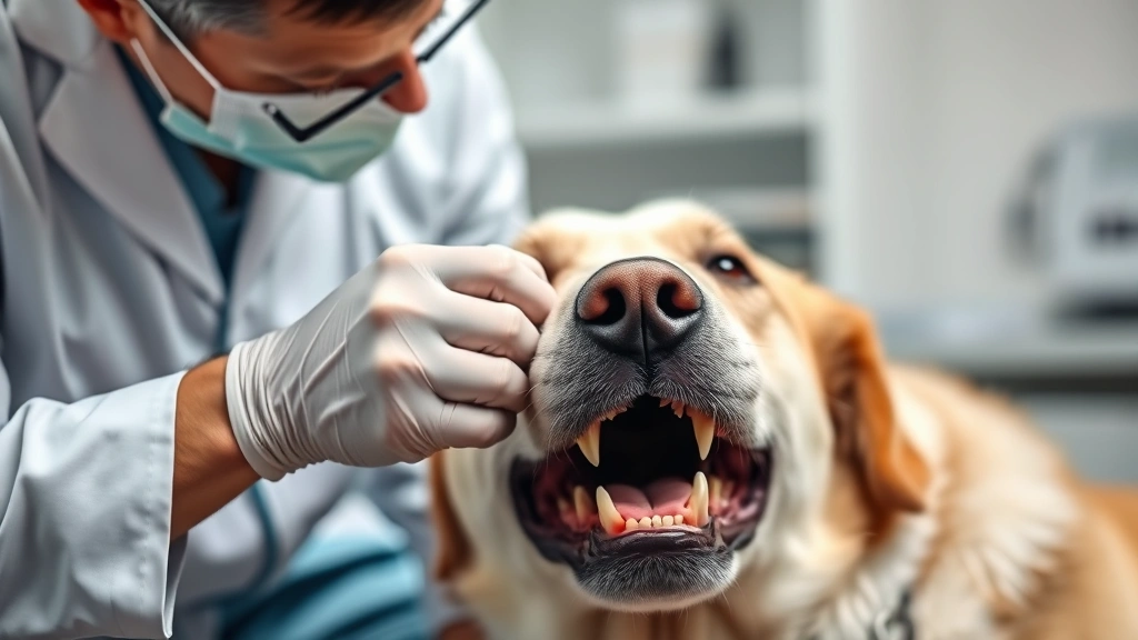 Veterinarian examining a large dog's teeth during dental checkup, professional setting, clear focus on mouth area, photorealistic