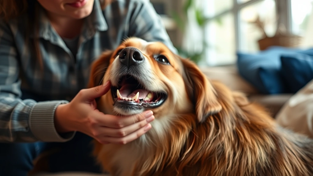 Happy dog with owner petting and interacting safely, showing appropriate human-dog contact, warm indoor home setting, candid lifestyle moment