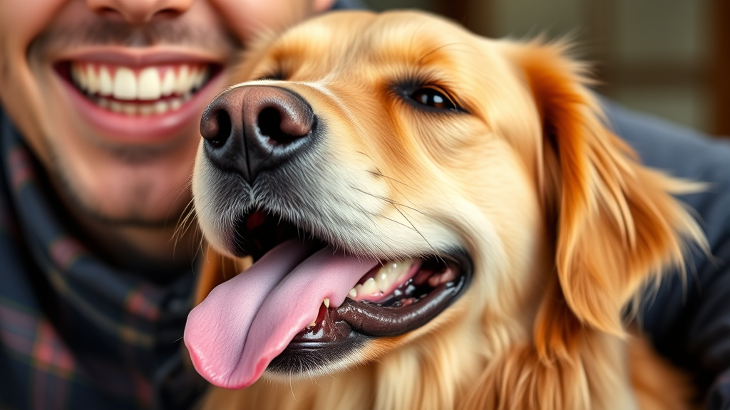 Close up of happy golden retriever dog with tongue out next to smiling person, no text no words no letters