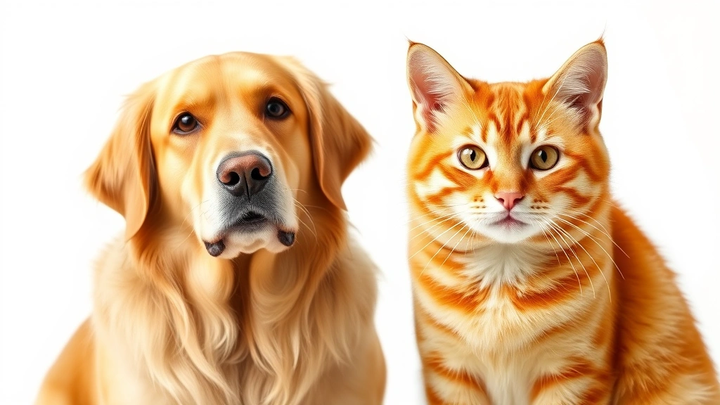 Golden retriever and orange tabby cat sitting side by side, intelligent expressions, natural lighting, bright background