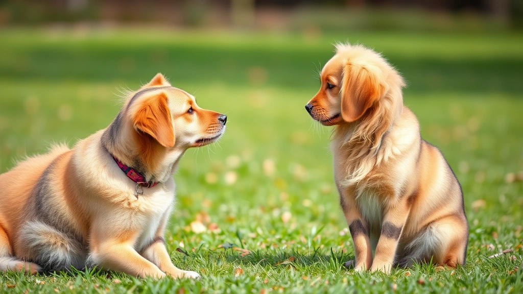 Golden retriever and tabby cat sitting facing each other outdoors on grass, intelligent expressions, natural daylight
