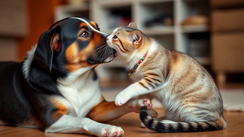 Dog and cat playing together, showing cooperation and interaction, warm indoor setting, playful moments