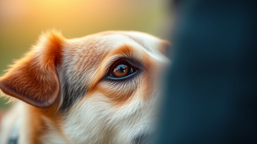 Close-up of dog's eyes showing focus and concentration while looking at human trainer, warm natural lighting