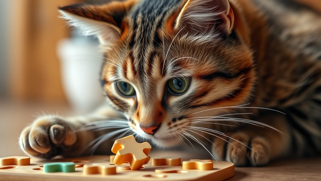 Cat solving puzzle toy, focused expression, problem-solving activity, detailed close-up photography