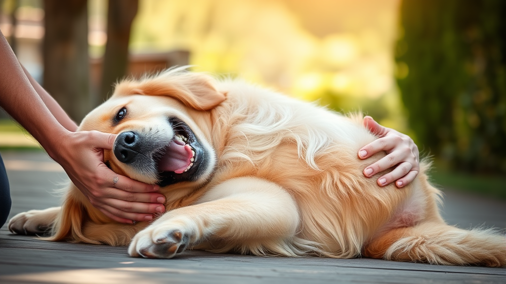 Happy golden retriever lying on back getting belly rub from human hands, sunny outdoor setting, no text no words no letters