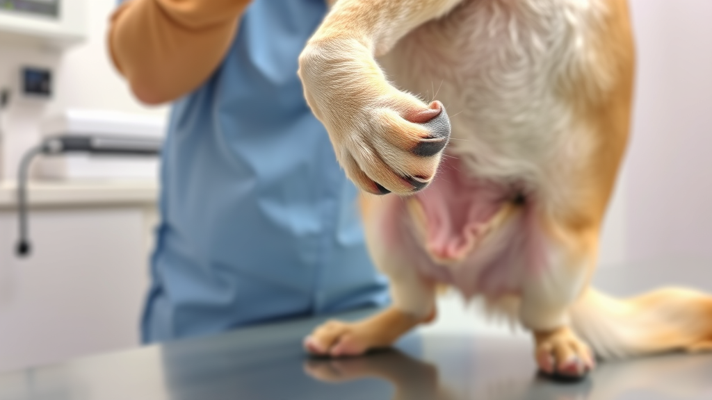 Close up of dog's hind leg in kicking motion during scratch reflex, veterinary examination table background, no text no words no letters