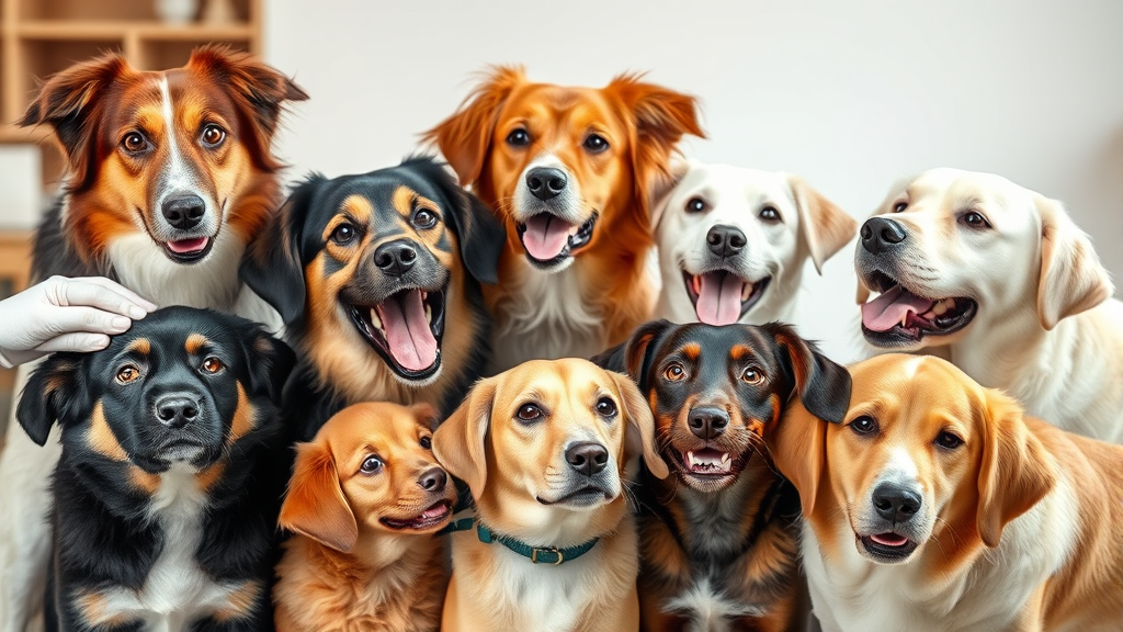 Various dog breeds showing different reactions to gentle touching, playful expressions, bright indoor lighting, no text no words no letters