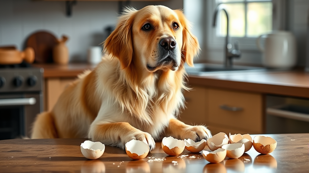 Golden retriever dog sitting next to cracked eggshells on kitchen counter, natural lighting, no text no words no letters
