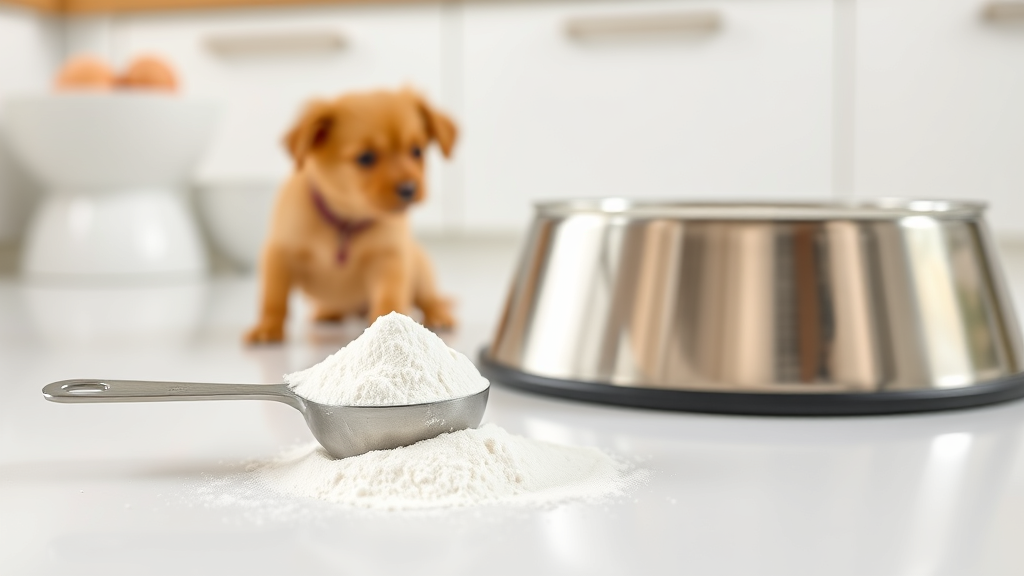 Fine white eggshell powder in measuring spoon next to dog food bowl, clean kitchen background, no text no words no letters