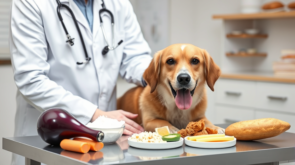 Veterinarian examining healthy dog while calcium rich foods displayed on examination table, professional setting, no text no words no letters