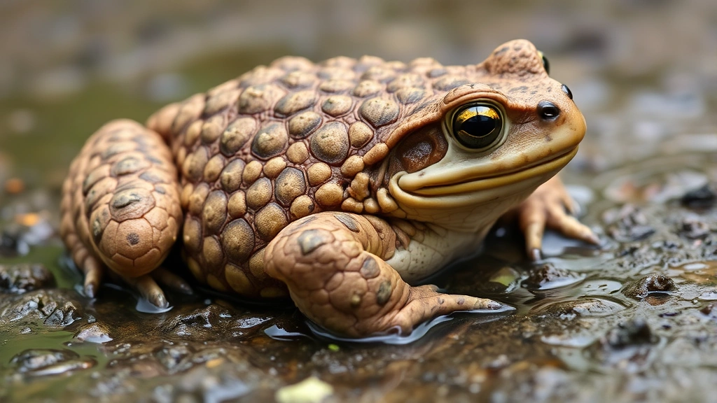 Close-up of a toad with distinctive bumpy skin texture sitting on wet ground near water, detailed bumps visible, natural lighting