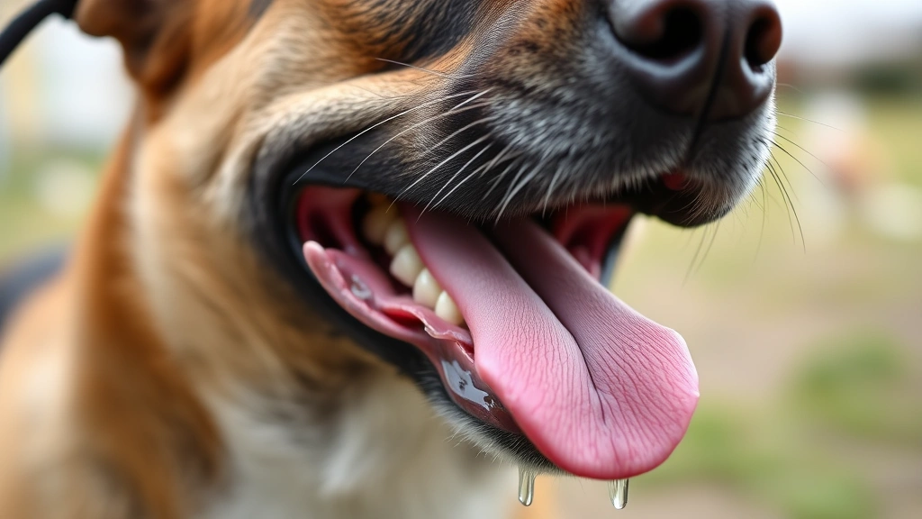 Dog's face with open mouth showing pink tongue and gums with water droplets, side profile, outdoor setting with blurred background