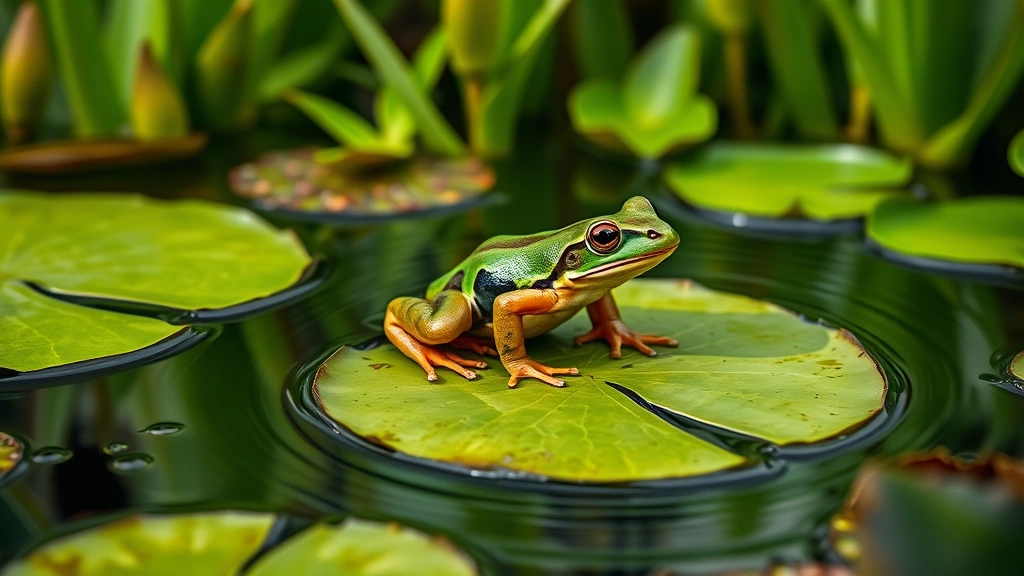 Colorful frog sitting on a lily pad surrounded by water plants and ripples, vibrant green foliage in background, natural pond environment
