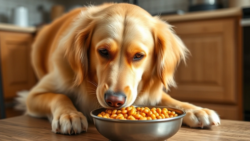 Golden retriever happily eating from a bowl containing cooked garbanzo beans, natural kitchen lighting, dog focused and content expression