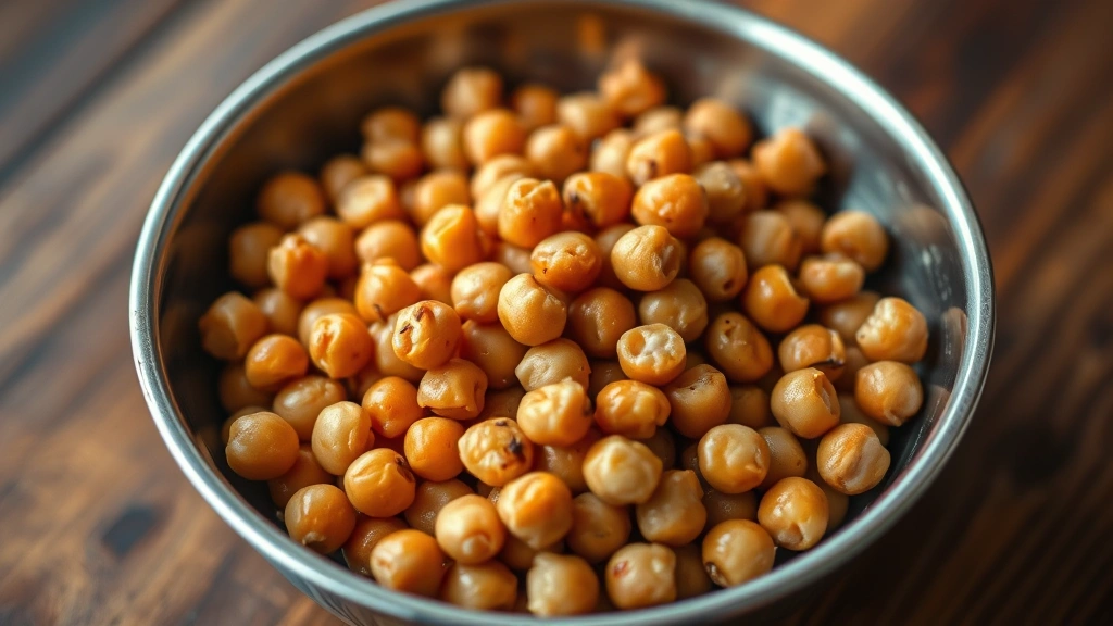 Close-up of cooked garbanzo beans in a stainless steel bowl on a wooden surface, beans clearly visible and appetizing, warm natural lighting