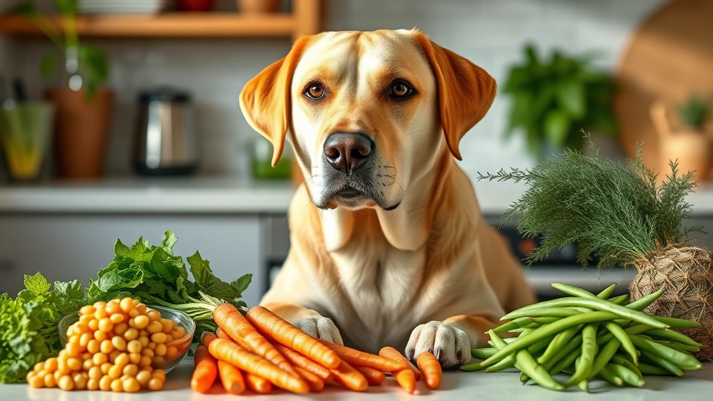 Labrador dog sitting near fresh vegetables and legumes including garbanzo beans, carrots, and green beans arranged on kitchen counter, bright daylight