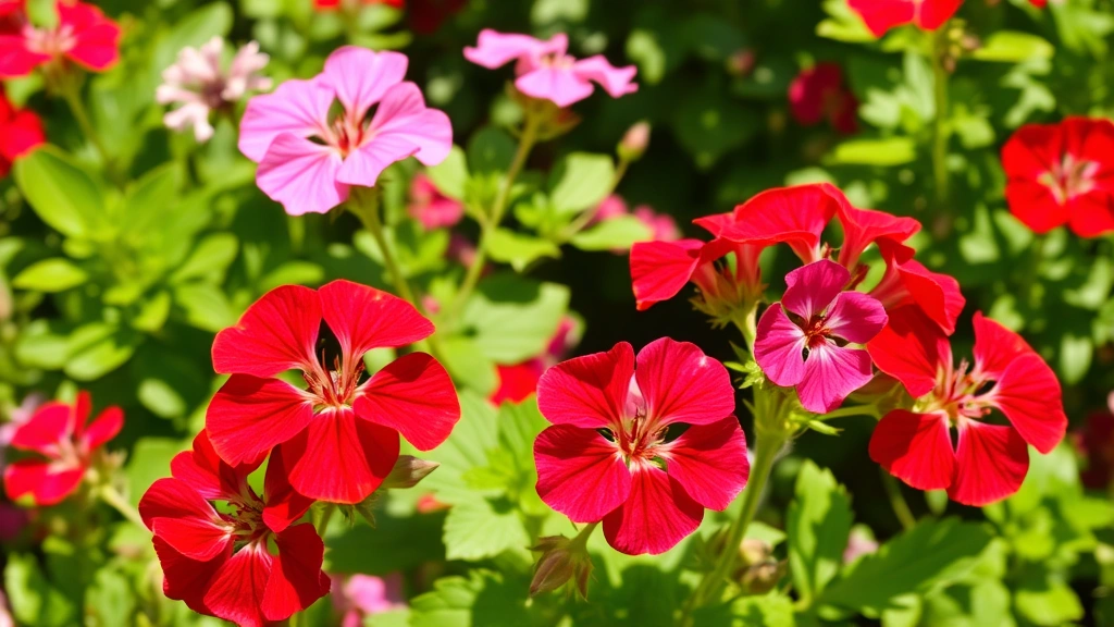 Red and pink geranium flowers in full bloom with green foliage in natural sunlight, garden setting