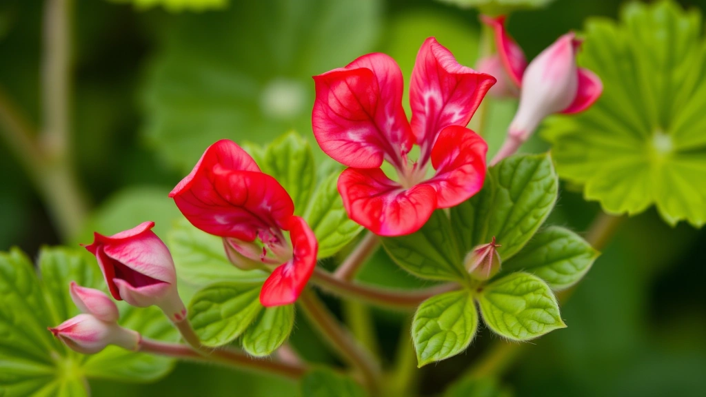 Close-up of geranium leaves and stems showing plant texture and detail, botanical focus