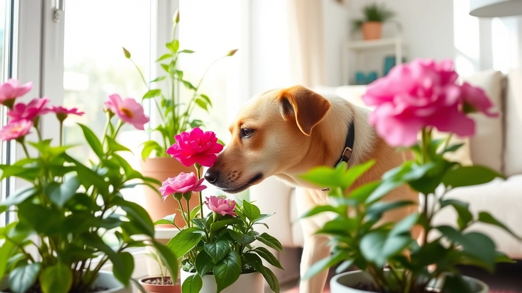 Dog sniffing near potted flowering plants in a bright living room, pet interaction scene