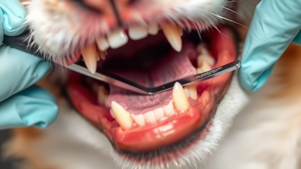 Close up of dog teeth being cleaned with dental chew, healthy pink gums visible, clinical lighting, no text no words no letters