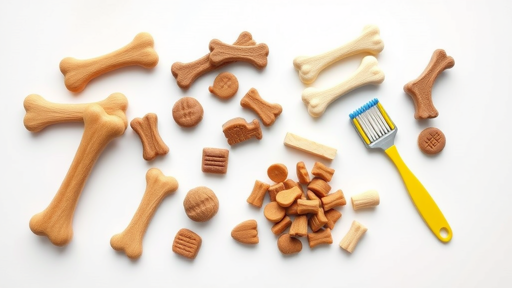 Various dog dental care products arranged on white surface including treats bones and toothbrush, no text no words no letters