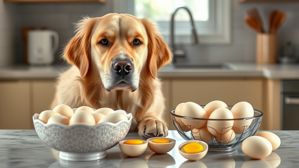 Golden retriever sitting beside bowl of hard boiled eggs on kitchen counter, natural lighting, no text no words no letters