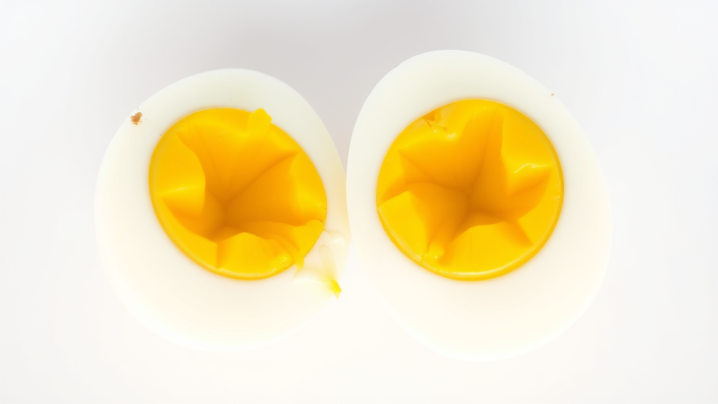 Close up of perfectly cooked hard boiled egg cut in half showing yellow yolk, white background, no text no words no letters