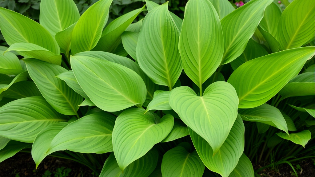 Beautiful hosta plants with large green leaves in garden setting, no text no words no letters