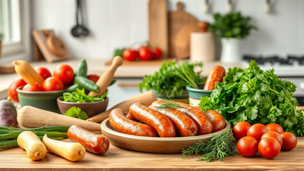 Home kitchen scene with fresh ingredients for making homemade sausages no text no words no letters