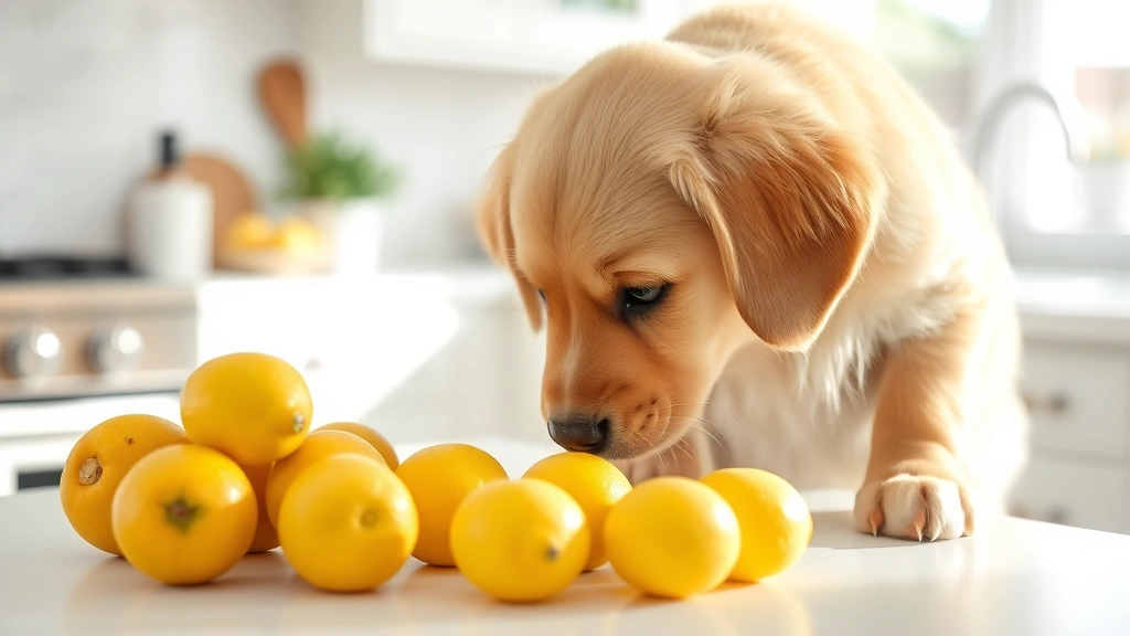 Golden retriever puppy curiously sniffing fresh yellow lemons arranged on a white kitchen counter with natural sunlight