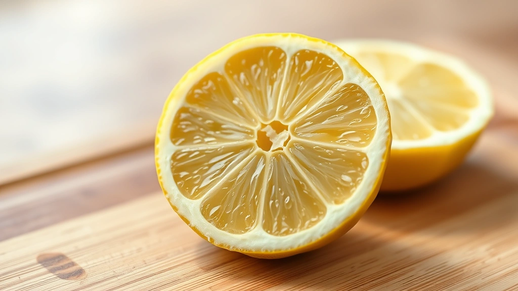 Close-up of a lemon cut in half showing the interior flesh and juice on a wooden cutting board with soft background