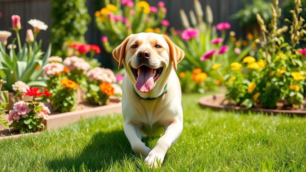 Happy labrador dog playing in a sunny backyard garden with blooming flowers and green grass
