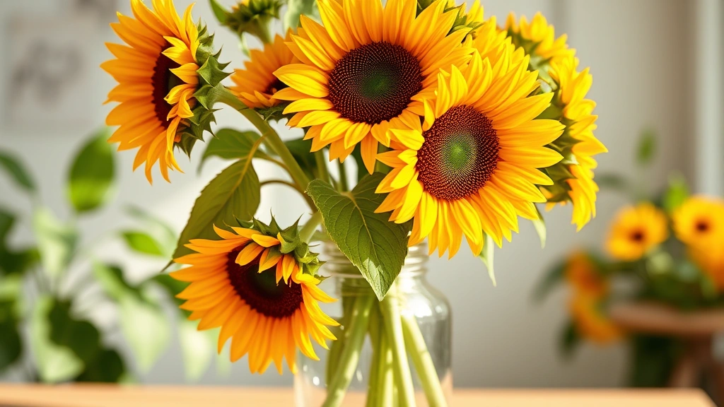Vibrant sunflower bouquet in clear glass vase, photorealistic bright natural lighting, dog-safe floral arrangement