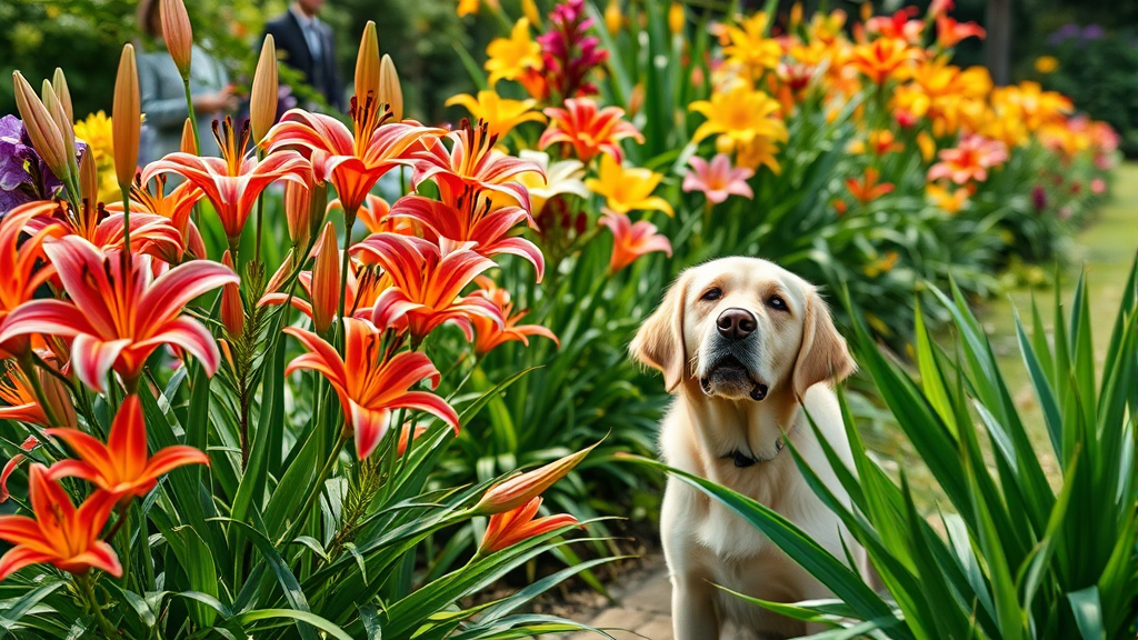 Beautiful colorful lily flowers in garden with curious golden retriever dog nearby, bright natural lighting, no text no words no letters