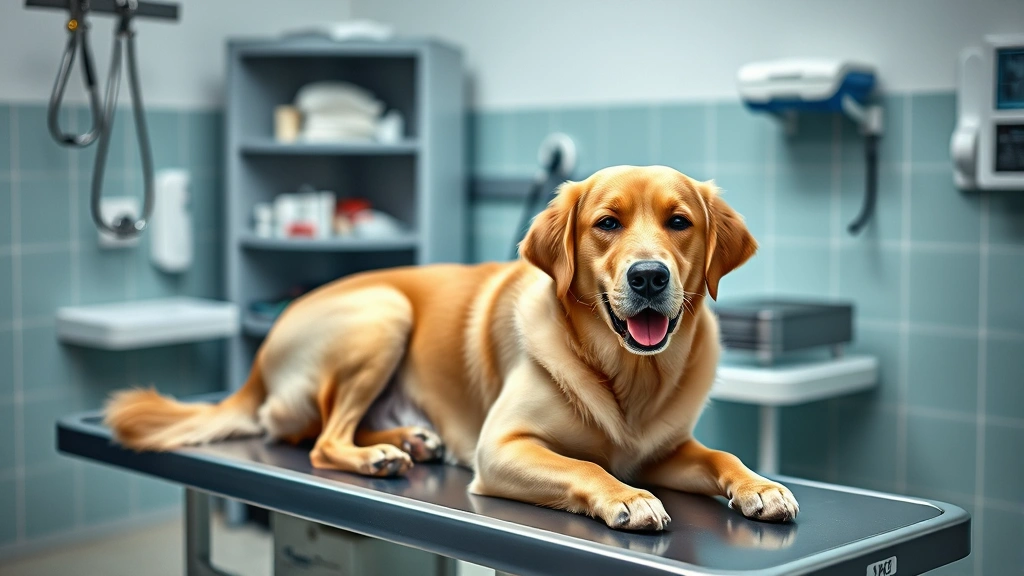 Veterinary clinic scene with a golden Labrador on examination table, vet checking the dog, photorealistic, professional medical setting, soft lighting