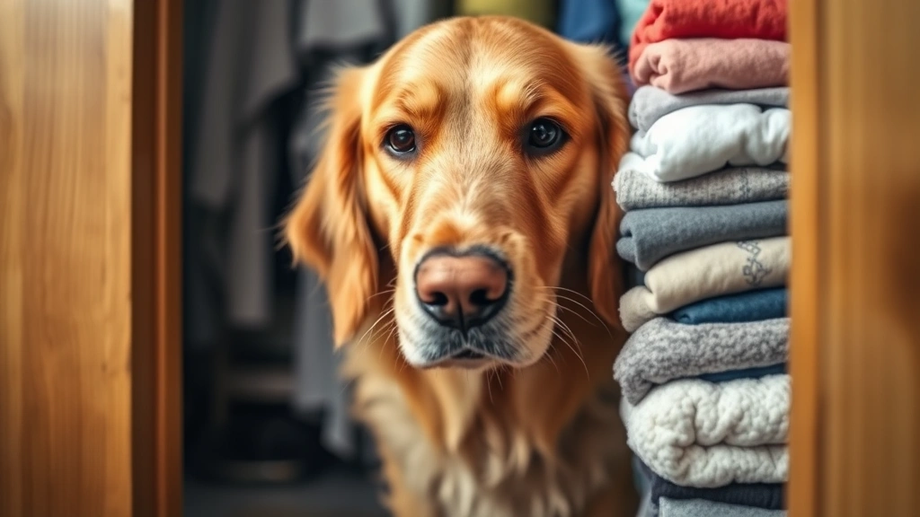 Close-up of golden retriever sniffing inside a wooden closet with folded clothes, curious expression, natural lighting from doorway