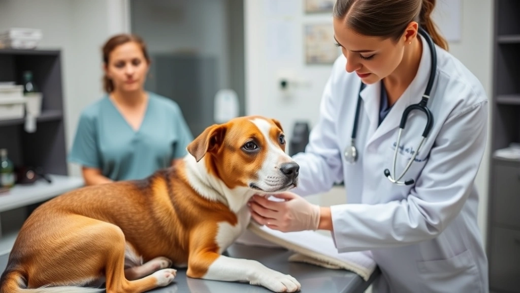 Veterinarian examining brown and white dog on examination table with stethoscope, clinical setting, concerned owner in background