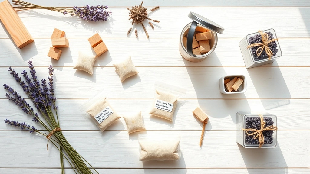 Flat lay of cedar blocks, lavender sachets, and sealed storage containers arranged on white wooden surface, sunlight streaming across items